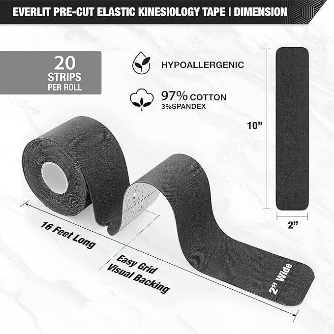 EVERLIT [Single] Pre-Cut Elastic Cotton Kinesiology Therapeutic Athletic Sports Tape, for Pain Relief and Support, 20 Precut 10” Strips (Black)