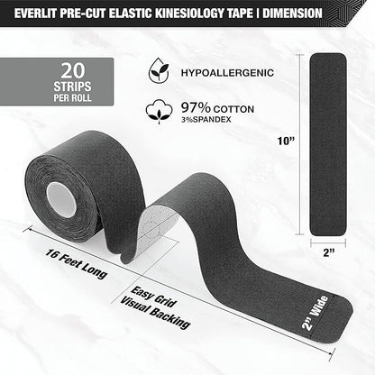 EVERLIT [Single] Pre-Cut Elastic Cotton Kinesiology Therapeutic Athletic Sports Tape, for Pain Relief and Support, 20 Precut 10” Strips (Black)