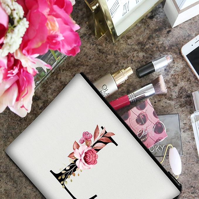 Vavabox A-Z Personalized Makeup Bag, Birthday Gifts for Women Mom, Gifts for Best Friend, Bride Bridesmaid Cosmetic bag (L, White)