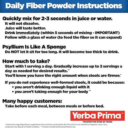 Yerba Prima Daily Fiber Formula Powder - 12 oz (Pack of 2) - Soluble & Insoluble Dietary Fiber Supplement - Colon Cleanse - Gut Health - Vegan, Non-GMO, Gluten-Free