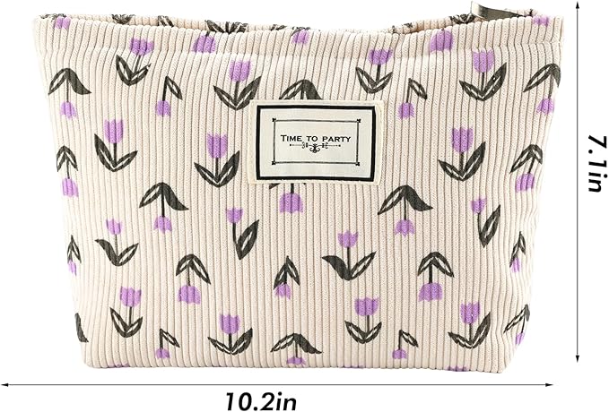 Flower Makeup Bag Travel Large Cosmetic Bag for Women Cute Makeup Pouch Zipper Cosmetic Pouch for Purse Corduroy Aesthetic Purple Floral Skincare Organizer Bag Portable Toiletry Bag