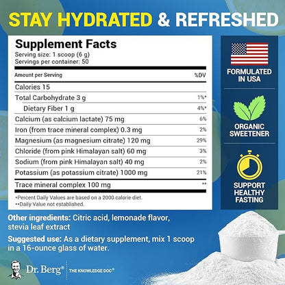 Dr. Berg Zero Sugar Hydration Keto Electrolyte Powder - Enhanced w/ 1000 mg of Potassium & Real Pink Himalayan Salt (NOT Table Salt) - Lemonade Flavor Hydration Drink Mix Supplement - 50 Servings