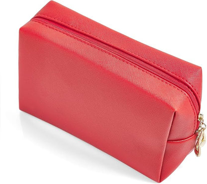 PU Leather Cosmetic Bag for Women Minimalism Makeup Bag for Daily Use Portable Storage Purse Small Neat Cosmetic Pouch Water-resistant Toiletry Bag for Travel (Red)