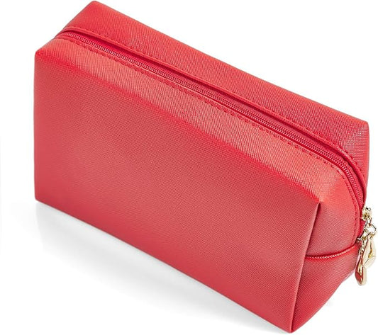 PU Leather Cosmetic Bag for Women Minimalism Makeup Bag for Daily Use Portable Storage Purse Small Neat Cosmetic Pouch Water-resistant Toiletry Bag for Travel (Red)