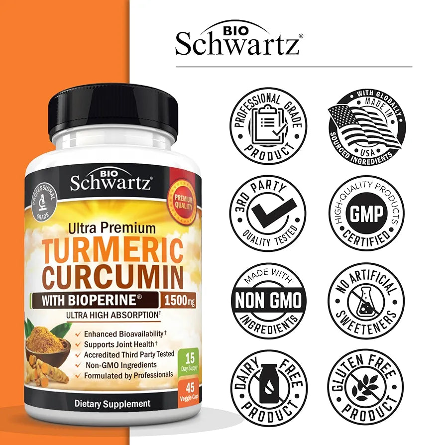 Turmeric Curcumin with Black Pepper Extract 1500mg - High Absorption Ultra Potent Turmeric Supplement with 95% Curcuminoids and BioPerine - Non GMO Tumeric Capsules for Joint Support - 45 Capsules
