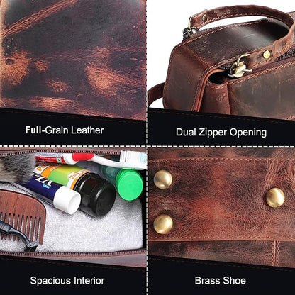 RUSTIC TOWN Buffalo Leather Toiletry Bag : Vintage Travel Shaving & Dopp Kit : for Toiletries, Cosmetics & More : Spacious Interior & Waterproof Lining : Compact, Fits Easily in Luggage