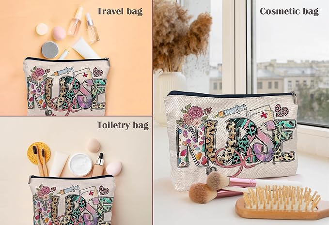 Nurse Leopard Floral Nursing Makeup Bag Make up Cosmetic Bag Small Zipper Pouch,Nurse Appreciation Gift,Nurses Week Gift,Nursing Gift,Nurse Graduate Gifts