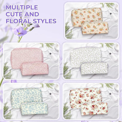 Quilted Makeup Bag Set,Large Floral Cosmetic Pouch For Women,Cute Cotton Brushes Storage Travel Toiletry Organizer Bags(Purple Floral)