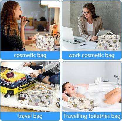 Quilted Makeup Bag, Large Capacity Travel Cosmetic Bag for Women and Girls, Aesthetic Storage for Daily and Travel Use (3pcs-CatAnimalPrint)