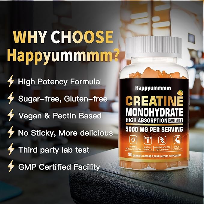 Creatine Monohydrate Gummies 5000mg for Men & Women, Chewables Creatine Monohydrate for Muscle Strength, Muscle Builder, Energy Boost, Pre-Workout Supplement(90 Count)-Pineapple.