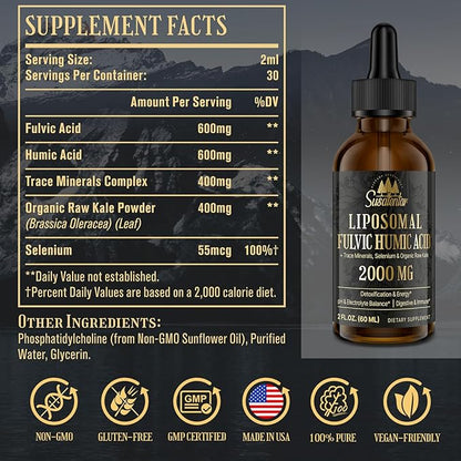 Trace Minerals Electrolytes Drops 2000 MG | Liquid Liposomal Fulvic Humic Acid Supplement | 72+ Trace Minerals | Hydration | Detoxification | Energy | pH Balance | Digestion | Immunity | 6 Oz