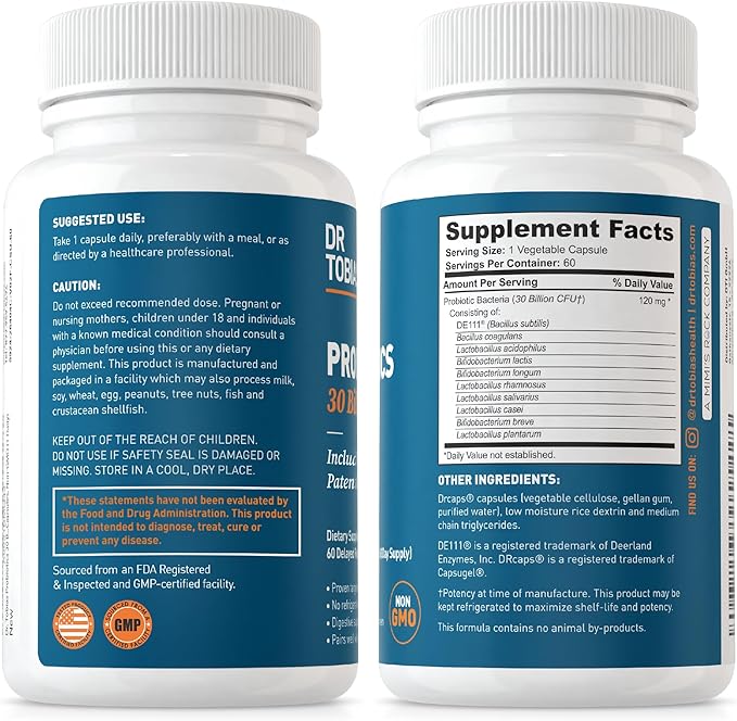 Dr. Tobias Probiotics 30 Billion, 10 Strains, 30 Billion CFU's, Targeted Release Probiotics for Digestive Health, Shelf-Stable Probiotics for Women & Men, Non-GMO, 60 Capsules, 60 Servings