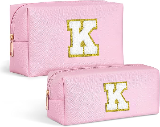 TOPEAST Personalized Initial Letter Patch Makeup Bag, Cosmetic Bag with Zipper, 2 PCS PU Leather Waterproof Toiletry Bag Cute Makeup Bag Travel Essentials Preppy Makeup Bag For Women, Pink K