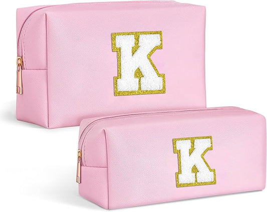 TOPEAST Personalized Initial Letter Patch Makeup Bag, Cosmetic Bag with Zipper, 2 PCS PU Leather Waterproof Toiletry Bag Cute Makeup Bag Travel Essentials Preppy Makeup Bag For Women, Pink K