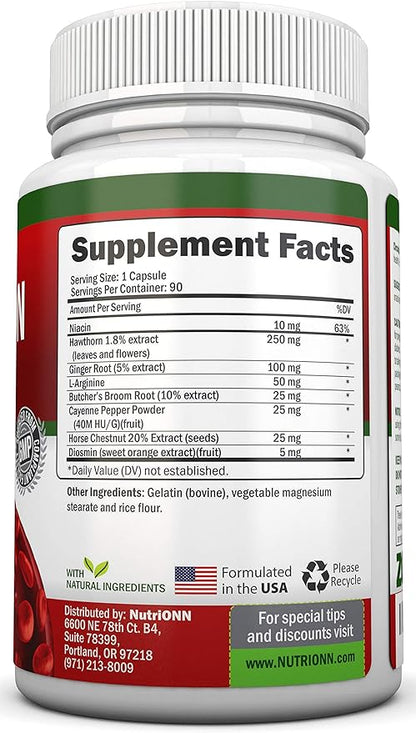 Blood Circulation Support - All Herbal Supplement For Healthy Blood Flow, Arteries & Veins - Promotes Leg Comfort - With Hawthorn, Niacin, L-Arginine, Butcher’s Broom, Cayenne Pepper, Horse Chestnut