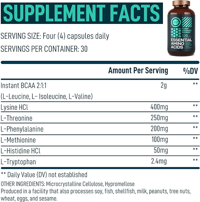 WILD FUEL Essential Amino Acid Complex - Lysine, Isoleucine, Valine, Leucine - All 9 Branch Chain Amino Acids Supplement for Power and Recovery for Women And Men - 60-days Supply, 240 Vegan BCAA Pills