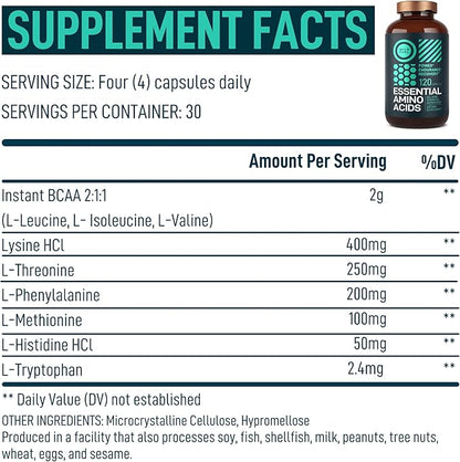 WILD FUEL Essential Amino Acid Complex - Lysine, Isoleucine, Valine, Leucine - All 9 Branch Chain Amino Acids Supplement for Power and Recovery for Women And Men - 60-days Supply, 240 Vegan BCAA Pills