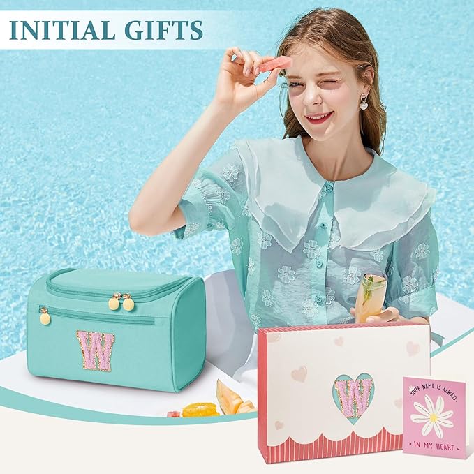 COSHAYSOO Christmas Valentines Galentines Day Fall Travel Gifts for Women Friend Sister Bestie Happy Birthday Party Favor Present, Large Hanging Toiletry Bag Skin Care Toiletries Teal Blue Letter W