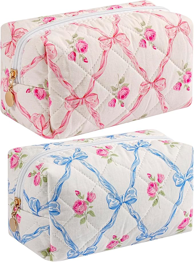 Quilted Cotton Makeup Bag Travel Cosmetic Bag for Women Girls, Zipper Make Up Pouch, Bow Pattern Toiletry Organizer Makeup, Portable Storage Bag (Pink Bowknot+Blue Bowknot)