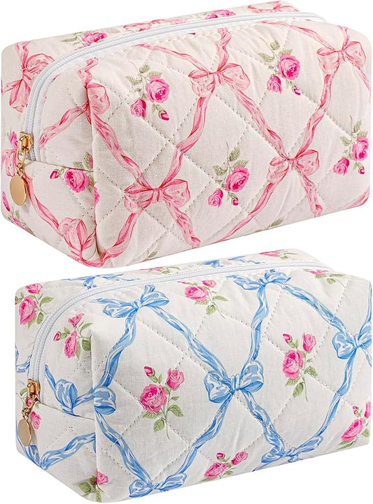 Quilted Cotton Makeup Bag Travel Cosmetic Bag for Women Girls, Zipper Make Up Pouch, Bow Pattern Toiletry Organizer Makeup, Portable Storage Bag (Pink Bowknot+Blue Bowknot)