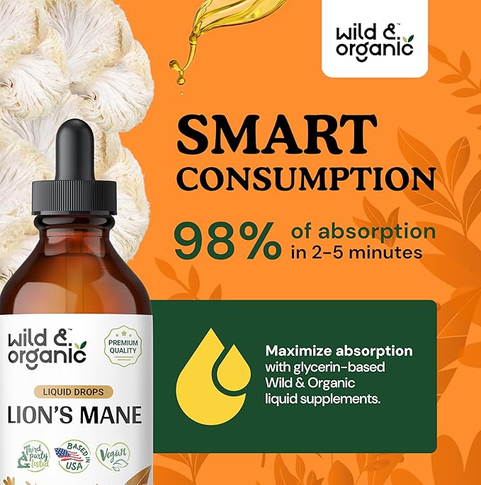 Wild & Organic Lion's Mane Tincture - Brain Supplements for Focus - Lions Mane Liquid for Brain - Lion's Mane Mushroom Supplement - Mushroom Drops for Brain Health Support - Lions Mane Supplement 4 oz