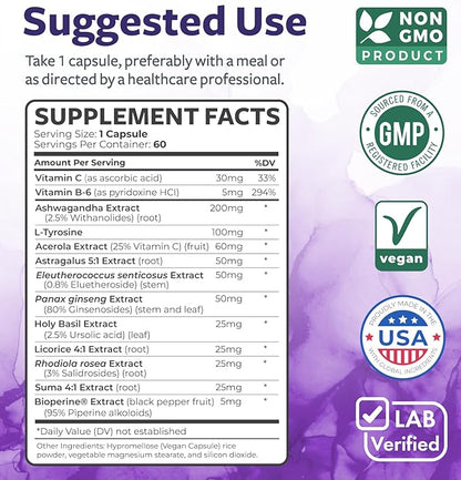 Adrenal System Support & Cortisol Manager (2 Month Supply) Powerful Ashwagandha & L-Tyrosine Fatigue Supplement - Maintain Balanced Cortisol Levels, Health, & Stress Relief - Non-GMO - 60 Capsules