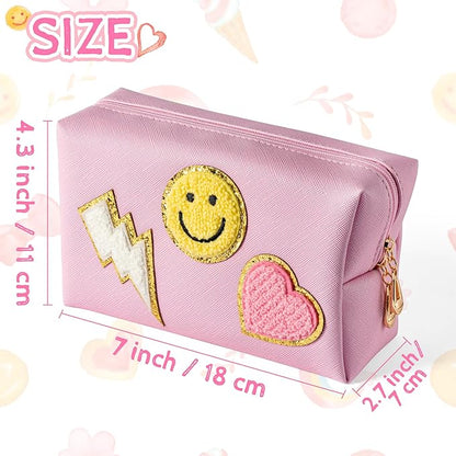 LieToi Preppy Patch Small Toiletry Bag Smile Lightning Heart PU Leather Portable Waterproof Makeup Cosmetic Bag Daily Use Storage Purse Travel Organizer Compliant Bag for Women Girls Gift (Pink)