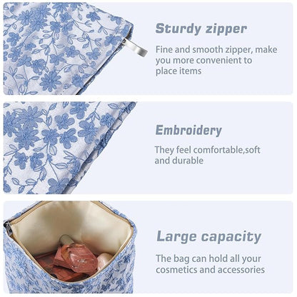 ZLFSRQ Daisy Flower Makeup Bag Travel Floral Cute Cosmetic Bags for Women Large Toiletry Pouch Zipper Cosmetic Pouch for Purse Aesthetic Embroidery Blue Makeup Organizer Bag Portable Toiletry Bags