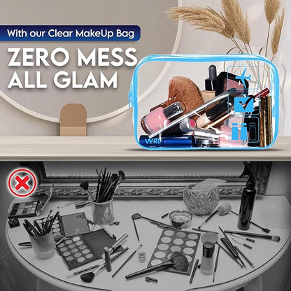VYRL 3 Pack Clear Makeup Bag - Quart Size 3-1-1 TSA Approved Toiletry Bag with Zipper - Water-Resistant Durable PVC Clear Toiletry Bag for Carry-on Airport Travel Accessories - Blue