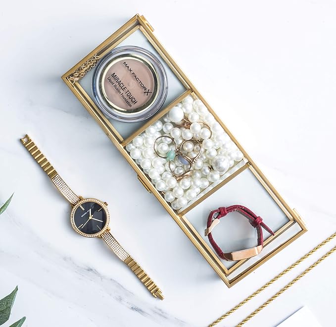 Golden Vintage Glass Lidded Box Clear Glass & Brass Metal Storage Jewelry and Cosmetic Makeup Organizer with Lid Beauty Display, Rectangle with 3 Compartment