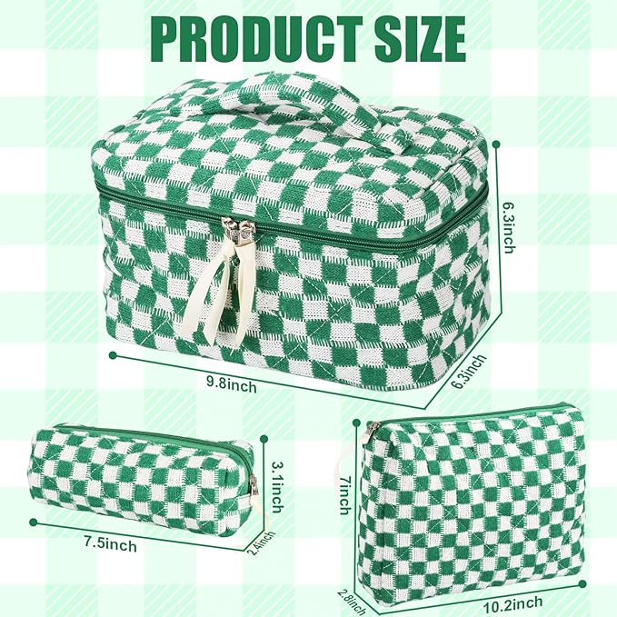Quilted Makeup Bag Set, 3Pcs Large Checkered Corduroy Cosmetic Bags, Cute Coquette Makeup Bag Toiletry Zipper Pouch Bag for Women and Girls Checkered