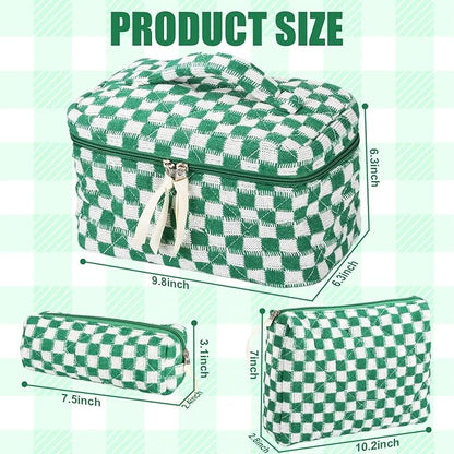 Quilted Makeup Bag Set, 3Pcs Large Checkered Corduroy Cosmetic Bags, Cute Coquette Makeup Bag Toiletry Zipper Pouch Bag for Women and Girls Checkered