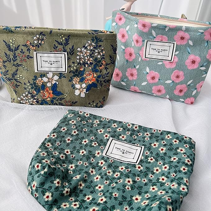 Flower Fabric Makeup Bag for Purse, Vintage Corduroy Cosmetic Pouch Bag, Portable Travel Handbag for Women Girls (Green with white flowers)