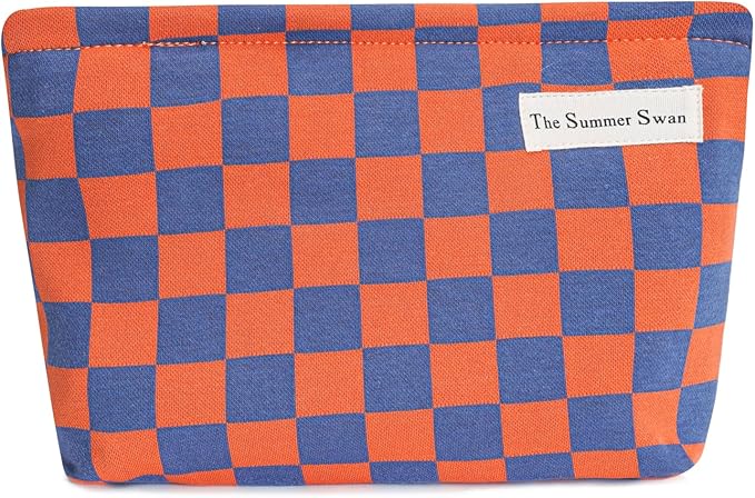 The Summer Swan Large Floral Mid-day Clutch Period Kit Hygiene Skincare Cute Makeup Bag (Colour Block Checkered Orange Navy)
