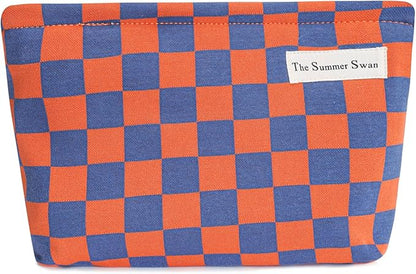 The Summer Swan Large Floral Mid-day Clutch Period Kit Hygiene Skincare Cute Makeup Bag (Colour Block Checkered Orange Navy)