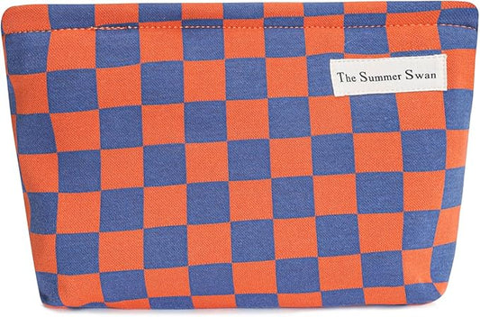 The Summer Swan Large Floral Mid-day Clutch Period Kit Hygiene Skincare Cute Makeup Bag (Colour Block Checkered Orange Navy)