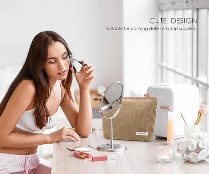 Corduroy Makeup Bag Cosmestic Bag Large Capacity Ladies Women Aesthetic Make Up Organizer Accessories Zipper Pouch Purse （Beige+Light Khaki）