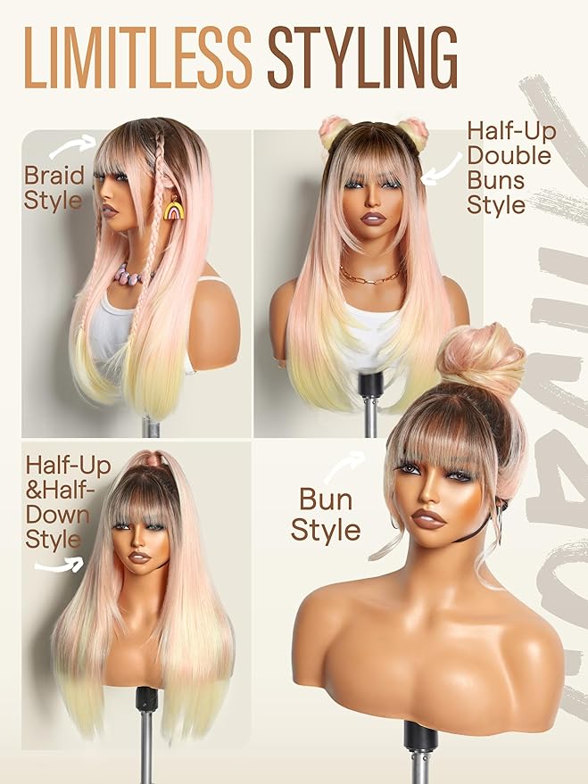 GORGIUS Straight Glueless Wig with Bangs Ombre Peach Pink Layered Hair Ready-to-Go Synthetic Bang Wigs with Realistic Scalp 24 Inch