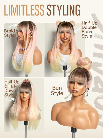 GORGIUS Straight Glueless Wig with Bangs Ombre Peach Pink Layered Hair Ready-to-Go Synthetic Bang Wigs with Realistic Scalp 24 Inch