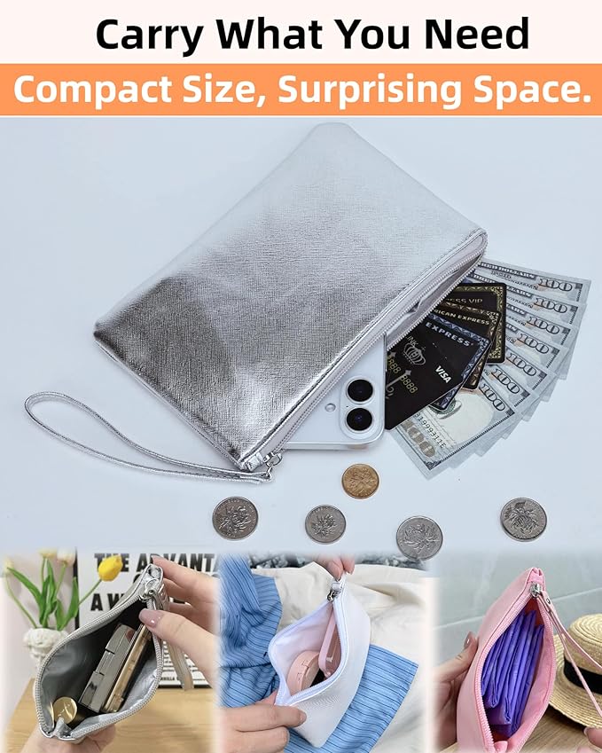 Small Makeup Bag for Purse Mini Cosmetic Pouch Zipper Little Wristlet, Tiny Make Up Organizer Lipstick Feminine Product Car Change Coin Holder for Women Handbags, 8 x 5 Clutch Phone Wallet,1 Silver