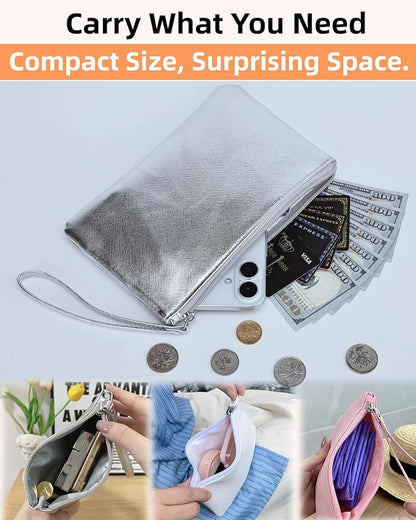 Small Makeup Bag for Purse Mini Cosmetic Pouch Zipper Little Wristlet, Tiny Make Up Organizer Lipstick Feminine Product Car Change Coin Holder for Women Handbags, 8 x 5 Clutch Phone Wallet,1 Silver