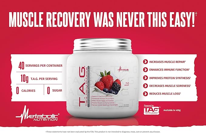 Metabolic Nutrition, TAG, Trans Alanyl Glutamine, 100% L-Glutamine Peptide Powder, Pre Intra Post Workout Supplement, 400 Grams (40 Servings) (Unflavored)