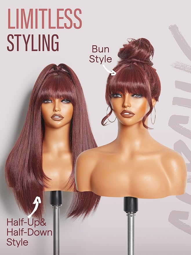 GORGIUS Straight Glueless Wig with Bangs Burgundy Red Layered Hair Ready-to-Go Synthetic Bang Wigs with Realistic Scalp 24 Inch