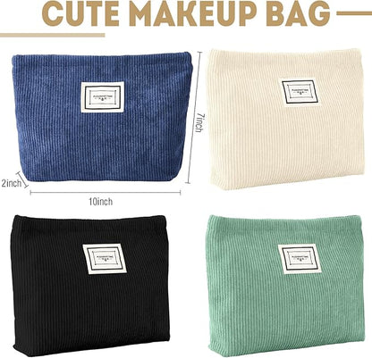 Sanwuta 4 Pack Velvet Makeup Bag Cosmetic Bag for Women Large Capacity Corduroy Pouch Zipper Canvas Travel Toiletry Purse Make up Organizer Case Accessories(Vintage Color,Plaid)