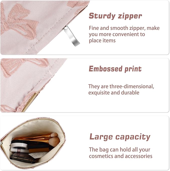 Bow Makeup Bag Large Floral Cosmetic Bags for Women Cute Makeup Pouch Zipper Cosmetic Pouch for Purse Embossed Pink Bow Aesthetic Portable Travel Toiletry Bag Makeup Organizer Bag