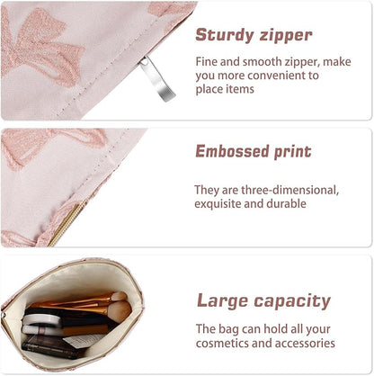 Bow Makeup Bag Large Floral Cosmetic Bags for Women Cute Makeup Pouch Zipper Cosmetic Pouch for Purse Embossed Pink Bow Aesthetic Portable Travel Toiletry Bag Makeup Organizer Bag