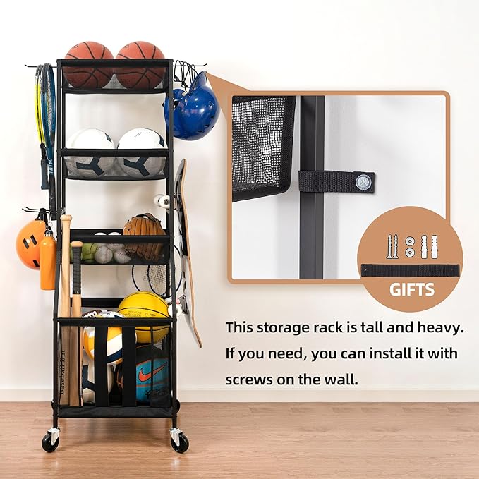 STORAGE MANIAC Ball Storage Bin Rolling Sports Ball Cart, Metal Garage Organizer Sport Rack Basketball Storage Cage for Garage or Gym, Indoor & Outdoor Sports Equipment Organizer