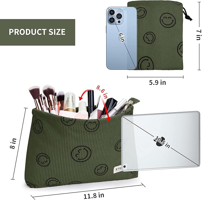WLLWOO Makeup Bag-2pcs Smile Face Corduroy Cosmetic Bag Zipper Interior Waterproof Pencil Case Coin Purse Travel Toiletry Small Makeup Pouch For Women
