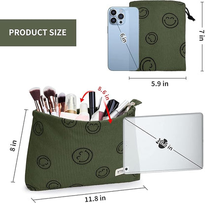 WLLWOO Makeup Bag-2pcs Smile Face Corduroy Cosmetic Bag Zipper Interior Waterproof Pencil Case Coin Purse Travel Toiletry Small Makeup Pouch For Women