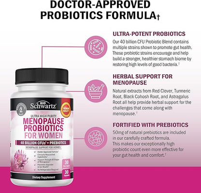 Menopause Supplements for Women - 40 Billion CFU Menopause Probiotics for Women - Menopause Support for Hot Flashes Night Sweats Mood Swings and Hormone Balance - Non-GMO, 30 Count, 30 Servings